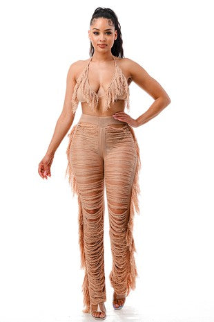 I Have Arrived Fringe Pant Set- Beige