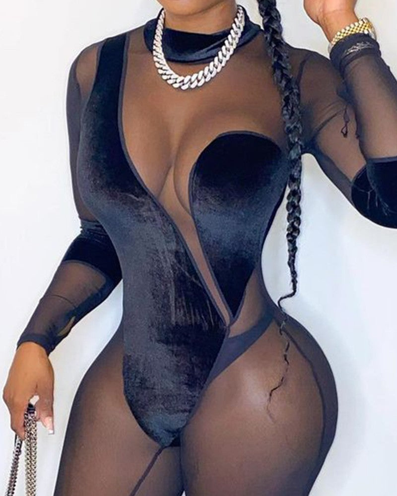 Fits Like A Glove Velvet Mesh Jumpsuit- Black