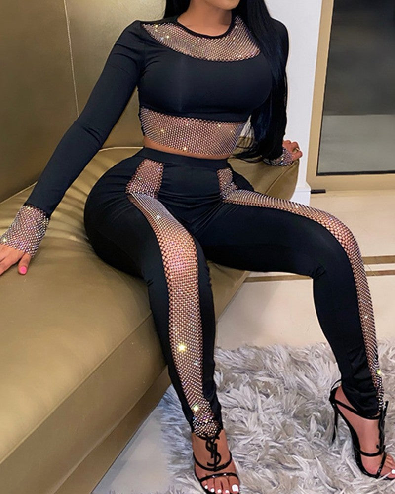 Shine Baby Rhinestone Mesh Pant Set- Black/Gold